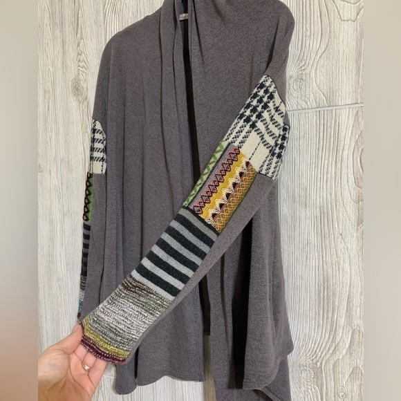 Cozy Drape Front Cardigan With Patchwork Sleeves by 12PM by Mon Ami Size LG - Picture 3 of 8